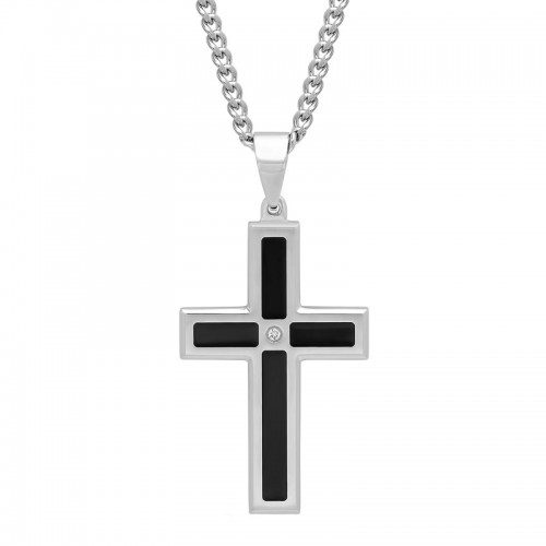Stainless Steel and Black Enamel Men's Diamond Cross Pendant
