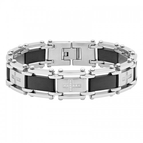 Stainless Steel Black & White Cubic Zirconia Cross Bracelet