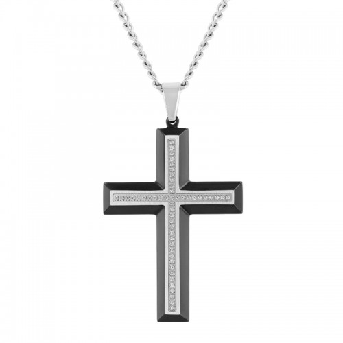 Stainless Steel Cubic Zirconia With Black Finish Cross Pendant