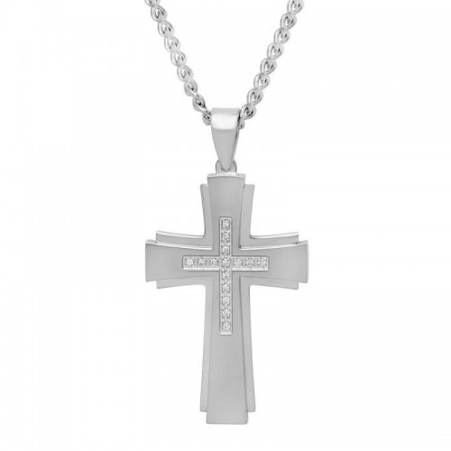 Stainless Steel Stacked Men's Diamond Cross Necklace