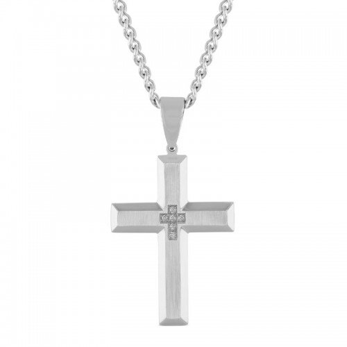 Beveled Stainless Steel Cross Pendant with White Diamonds