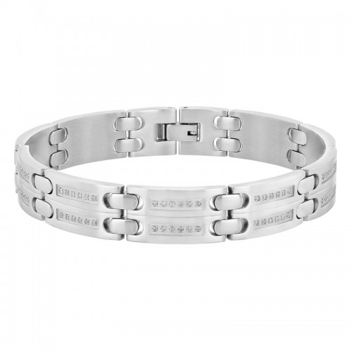 Double Row Men's Stainless Steel Bracelet  w/ Diamonds