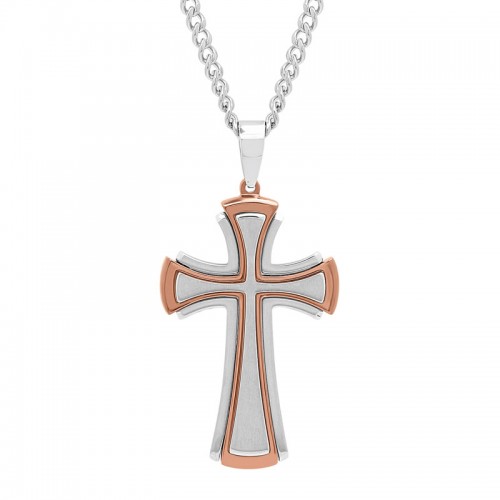 Stainless Steel w/ Brown Finish Cross Pendant