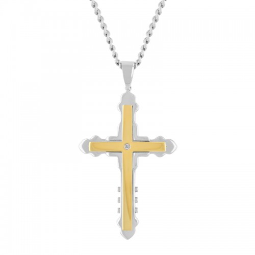 .02Ct Stainless Steel Diamond With Two Tone Finish Cross Pendant
