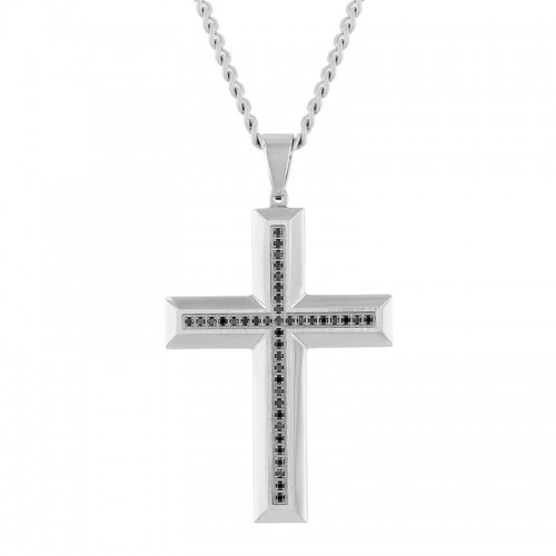 3/8 CTW Stainless Steel Men's Black Diamond Cross Necklace