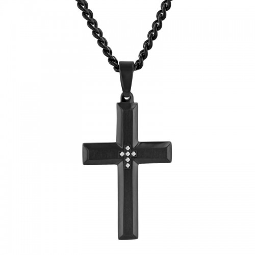 Stainless Steel Black Finish Men's Diamond Cross Pendant