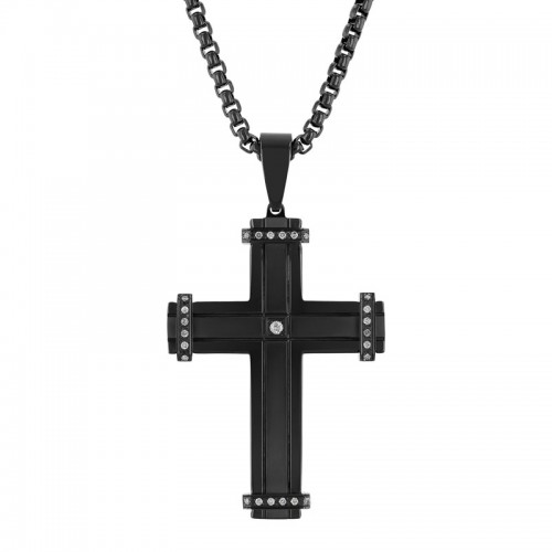 .12 CTW Stainless Steel Black Finish Diamond Cross Pendant