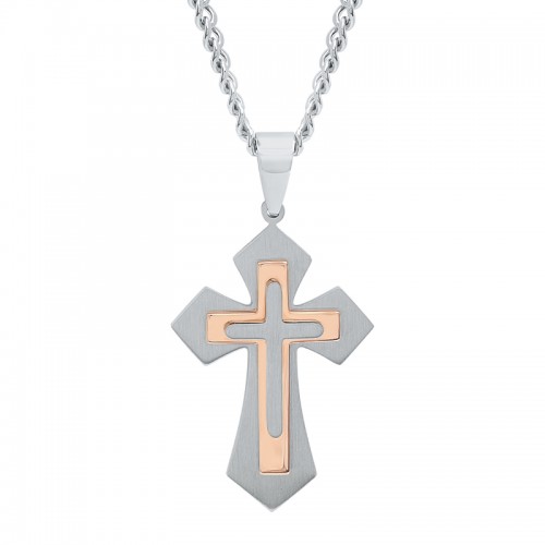 Stainless Steel With Rose Tone Finish Stacked Cross Pendant