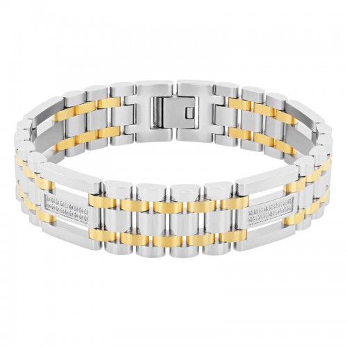 Yellow Finish Men's Stainless Steel Bracelet w/ Diamonds