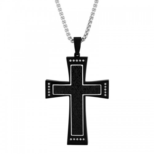 Black Stainless Steel Men's Diamond Cross Necklace w/ Black Diamonds
