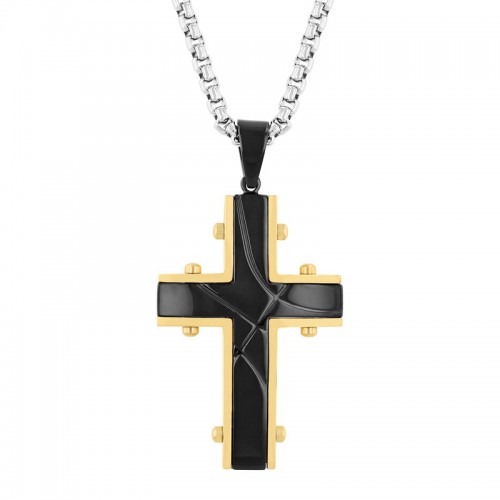 Stainless Steel Black & Yellow Finish Cross Pendant