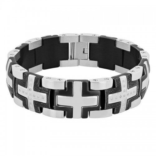 1/5 CTW Stainless Steel Black & White Diamond Iron Cross Bracelet
