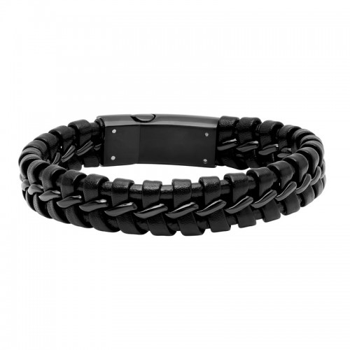 Stainless Steel Black Finish Faux Leather Bracelet