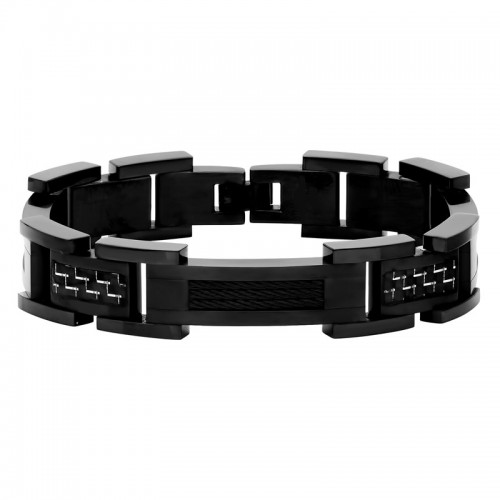 Stainless Steel Black Finish Carbon Fiber & Cable Bracelet