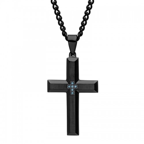 Stainless Steel Black Finish Men's Blue Diamond Cross Pendant