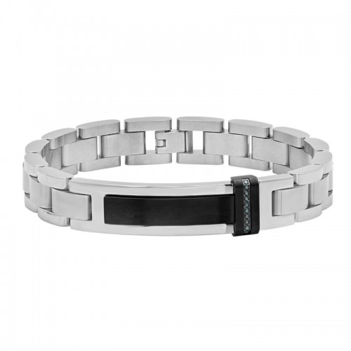 1/20 CTW Stainless Steel Black & White Blue Diamond ID Bracelet
