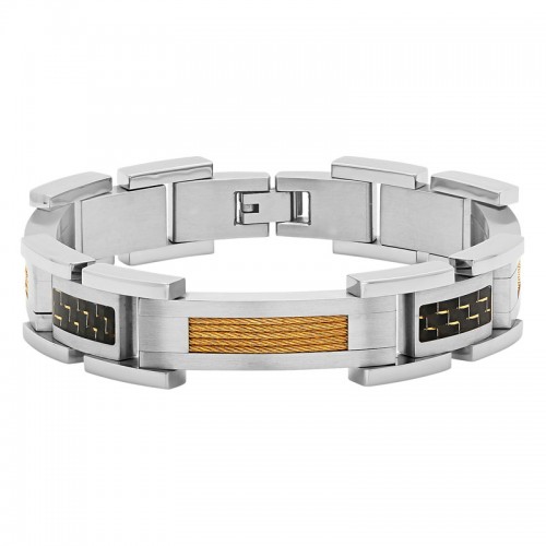 Stainless Steel White & Yellow Carbon Fiber & Cable Bracelet