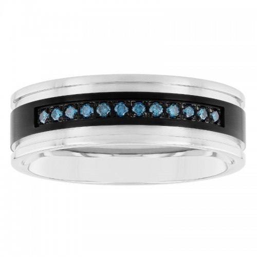 .15 CTW Blue Diamond Stainless Steel Black IP Grooved 7MM Band